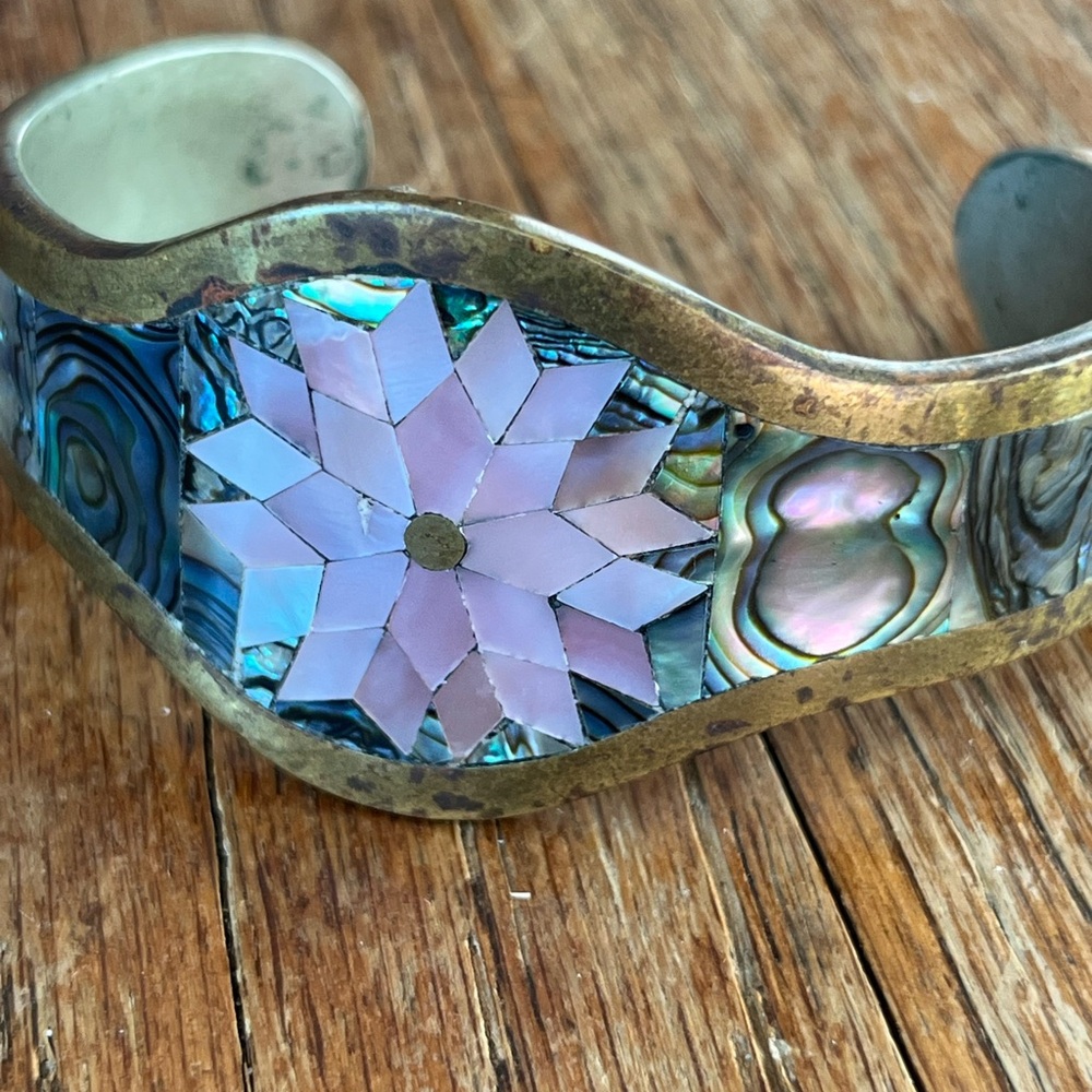 VINTAGE BRACELET abalone flower Mexican cuff - Picture 8 of 16